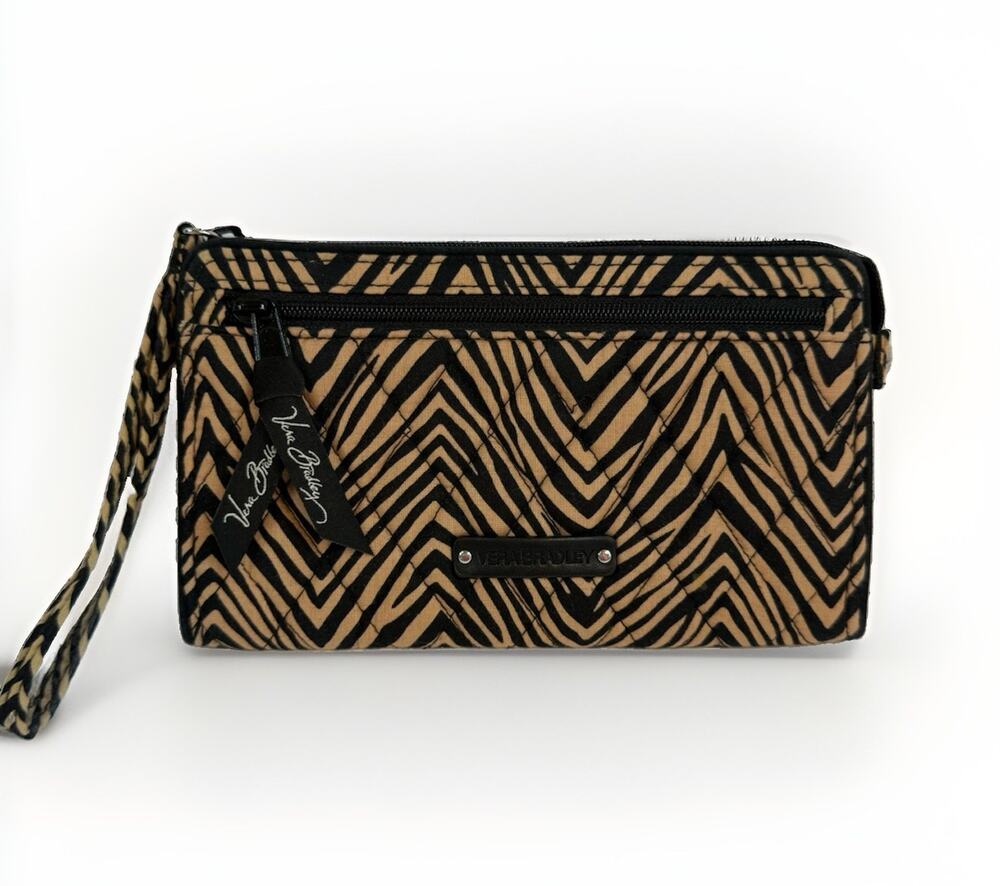 Vera Bradley RFID Zip Around Wristlet Wallet Zebra Black Tan Quilted Clutch